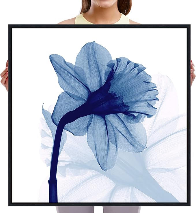 Pyradecor Large Black Framed Wall Art One Panel Blue Flickering Flower Paintings Canvas Prints Grace Floral Pictures Artwork for Bedroom Office Home Decorations