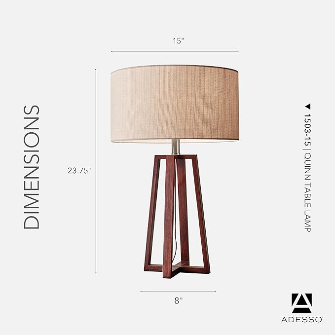 Adesso Quinn Table Lamp - Walnut Birch Wood & Natural Linen Shade – Perfect Nightstand, End Table, and Desk Lamp