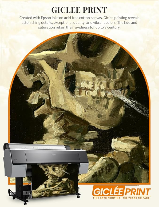 DECORARTS - Head of a Skeleton with a Burning Cigarette - Vincent Van Gogh Giclee Prints w/Antique Brown Frame for Wall Decor. Picture Size: 16x20, Total Size w/Frame: 19x23