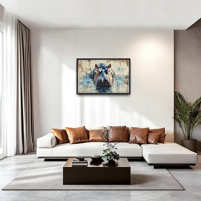 Extra Large Framed Abstract Hippo Wall Art,Oversized African Hippopotamus Wild Animal Wall Decor,Vintage Pictures for Living Room,Canvas Print Painting Modern Artwork Bedroom Office Bathroom 36L x24W