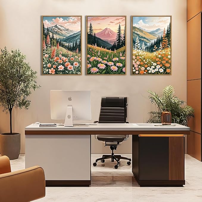 ANHUIB Colorful Landscape Wall Art 16x24 Inch Abstract Mountain Forest Wall Decor Wildflower Blossom Artwork Nature Scenery Painting Set of 3 for Living Room Bedroom Dining Room