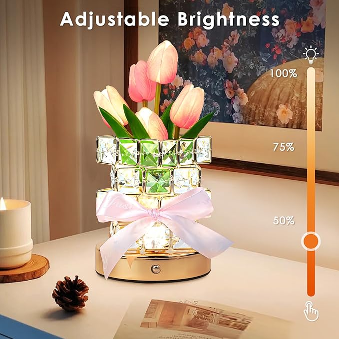 Tulip Flower Lamp Gifts for Women: Rechargeable Cordless Touch Crystal Table Lamp, Battery Powered Small Night Light, Mothers Day Birthday Present for Mom Grandma, Kitchen Bedroom Office Decor