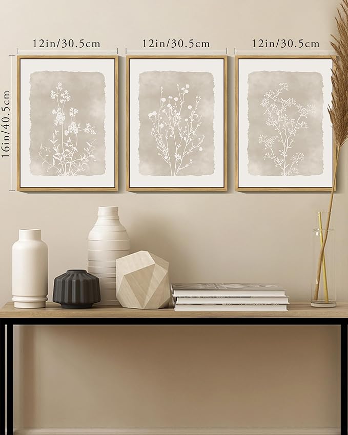 KUVIOKE Boho Botanical Flower Wall Art Framed Vintage Floral Wall Prints Wildflower Neutral Rustic Bohemain Artwork Kitchen Bedroom Decor 12x16in (Natural Framed)