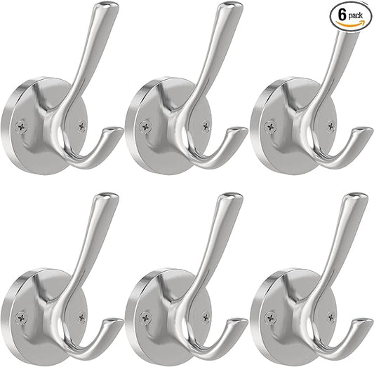 Brushed Nickel Wall Hooks, 6 Pack Coat Robe Hook Heavy Duty Metal Double Bath Hook Wall Mounted, Hand Towel Hooks for Cubicle Bathroom Kitchen Closet Garage