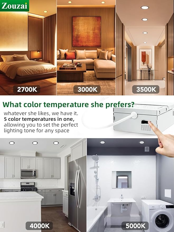 zouzai 24 Pack 4 Inch Black 5CCT Selectable Ultra-Thin LED Recessed Ceiling Light with Junction Box,9W Eqv 80W, Dimmable, led can Lights - ETL and Energy Star Certified