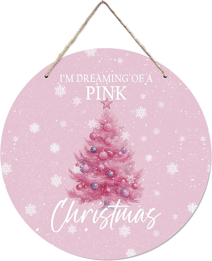 CGBHW Pink Christmas Tree Wooden Sign, Winter Holiday Theme Hanging Sign Wall Decor for Girls Room Home College, Aesthetic Christmas Xmas Snowflake Door Decor 12 x 6 Inch