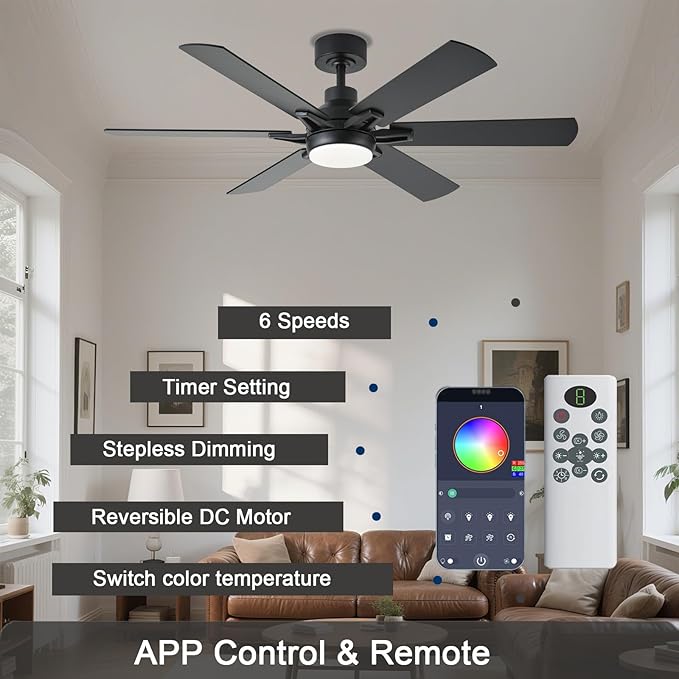 52in Ceiling Fans with Lights RGB Ceiling Fan with Light and Remote/APP Control,Low Profile Ceiling Fans with Lights for Bedroom,Living Room,Kids Room,3CCT Dimmable Modern Ceiling Fan, 8 Speeds,Black