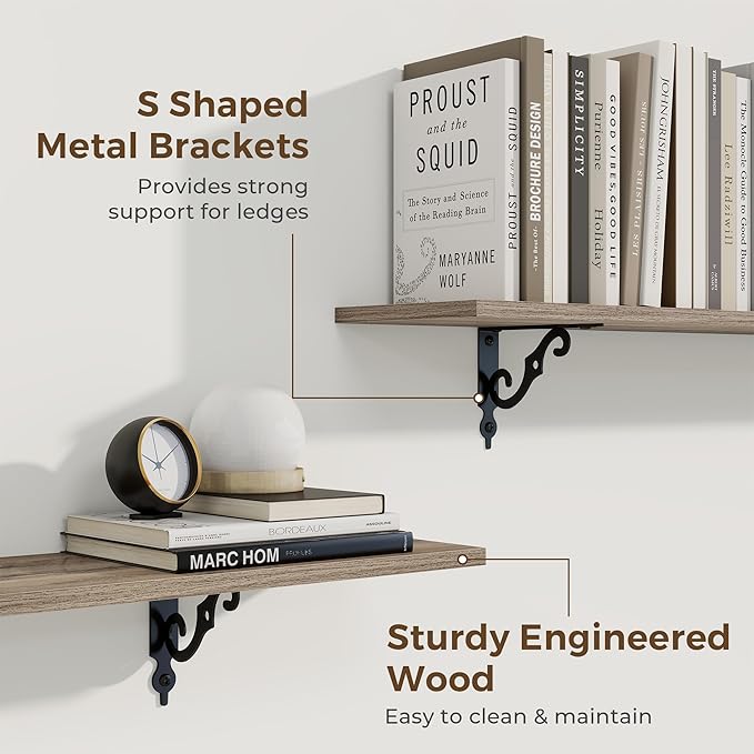 RICHFOCUS Floating Shelves for Wall Decor, 47.3W x 8D Shelves Set of 2, 8 Inch Deep Rustic Wood Shelves Wall Mounted with Brackets, Long Floating Shelves for Living Room Bedroom Kitchen, Grey