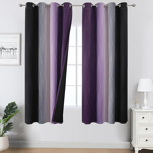 Estelar Textiler Black and Purple Ombre Blackout Curtains for Bedroom, Full Room Darkening Grommet Curtains for Living Room, Thermal Insulated Light Blocking Gradient Drapes, 52Wx63L,2 Panels