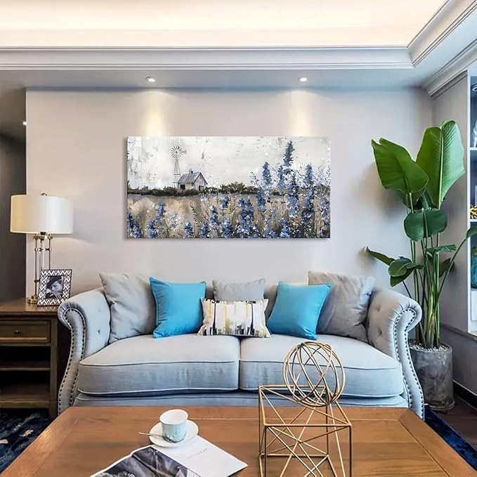 Wall Art Vintage Farmhouse Canvas Print Retro Countryside Flower Field Nature Meadow Landscape Rustic Windmill Barn Picture Framed Artwork for Home Bedroom Living Room Black Purple 48x24in