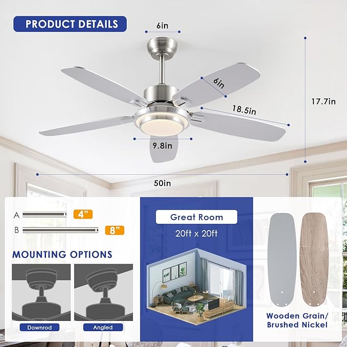 Ceiling Fans with Lights,50“ Modern Nickel Ceiling Fan and Remote/APP Control,5 Dual Finish Blades Dimmable 3-Color LED Fandelier for Indoor Dinning room,Bedroom