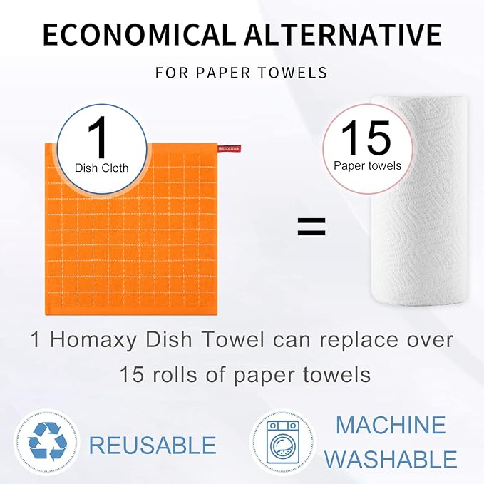 Homaxy 100% Cotton Terry Kitchen Dish Cloths, Ultra Soft and Absorbent Dish Towels for Kitchen, Perfect for Drying and Washing Dishes, 6 Pack, 12 x 12 Inches, Orange