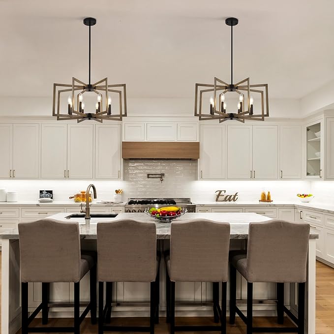 8-Light Modern Farmhouse Chandelier, Vintage Geometric Dining Room Lighting Hanging, Industrial Chandelier for Kitchen Island Entryway Foyer Stairway, Retro Wood Texture and Black Finish