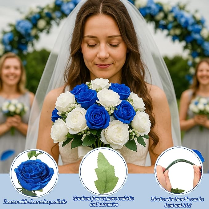 Geosar 8 Bundles Artificial Peonies Flowers Fake Silk Peony Bouquet Faux Peonies Flowers Bulk for Decoration Vase Florals Arrangements Wedding Party Table (Royal Blue,White)