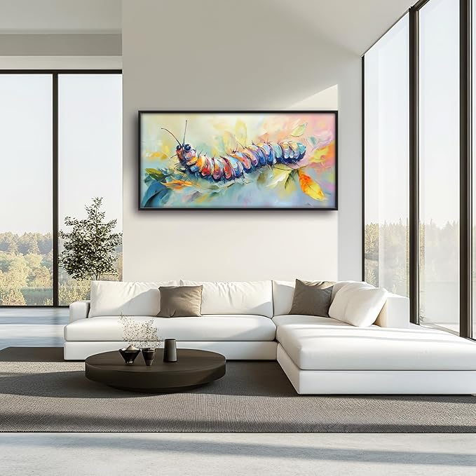 Extra Large Framed Abstract Caterpillar Wall Art,Colorful Cute Caterpillar Leaves Wall Decor Pictures for Living Room,Canvas Print Painting Modern Artwork Bedroom Office Bathroom 60L x30W