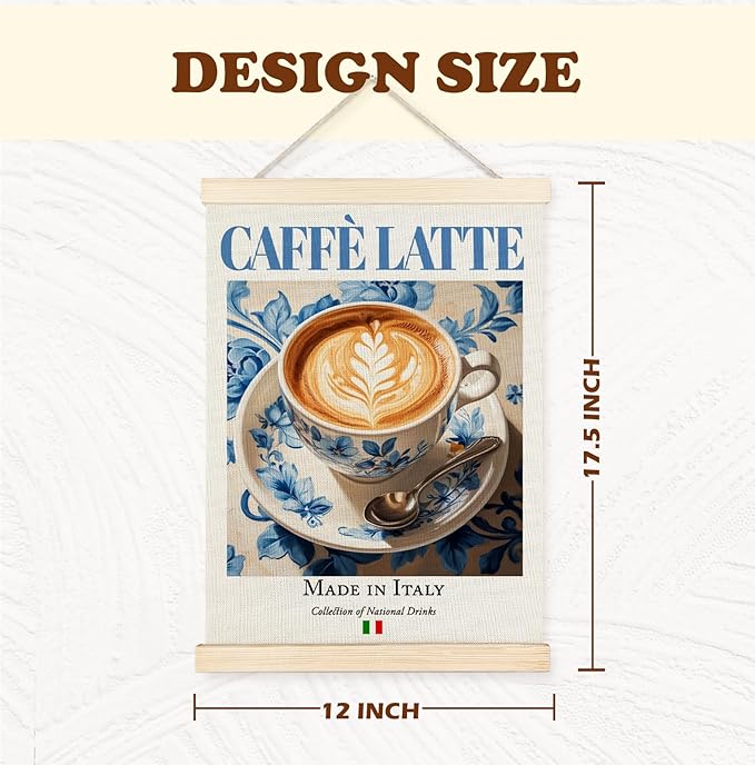 Yomisex Italy Caffè Latte Prosecco Wall Art Poster, Traditional Italian Beverage on Maiolica Tiles Canvas Prints Wall Art Framed for Kitchen Coffee and Wine Bar Decor, 12x16 Inch Set of 2