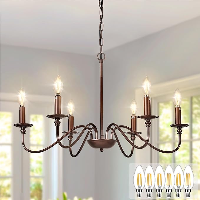 Depuley Farmhouse Chandelier for Dining Room: 6-Light Antique Industrial Hanging Ceiling Pendant Light Fixture for Kitchen - Oil-Rubbed Bronze Rustic Vintage Iron Candle Chandeliers for Entryway