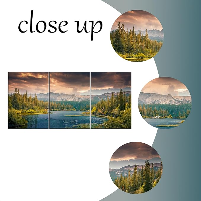 Lake Poster Wall Art Wall Decor Lake Mountain Forest Nature Park Landscape Picture Print on Canvas 3 Pieces Painting Artwork for Modern Home Living Room Workplace Stretched and Framed [60''Wx28''H]