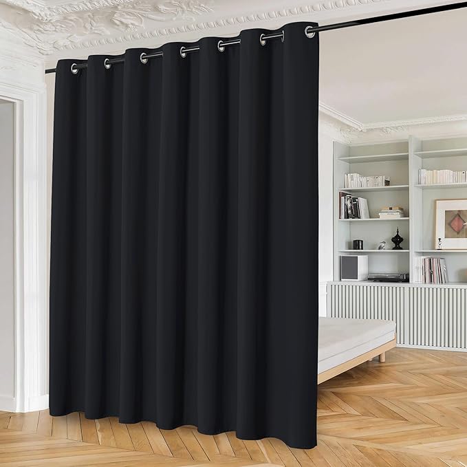 Beauoop 100% Blackout Curtains 96 Inches Long for Patio Sliding Door Black Solid Extra Wide Room Darkening Thermal Insulated Room Divider Soundproof Grommet Window Treatment Drapes,100x96 Set of 1
