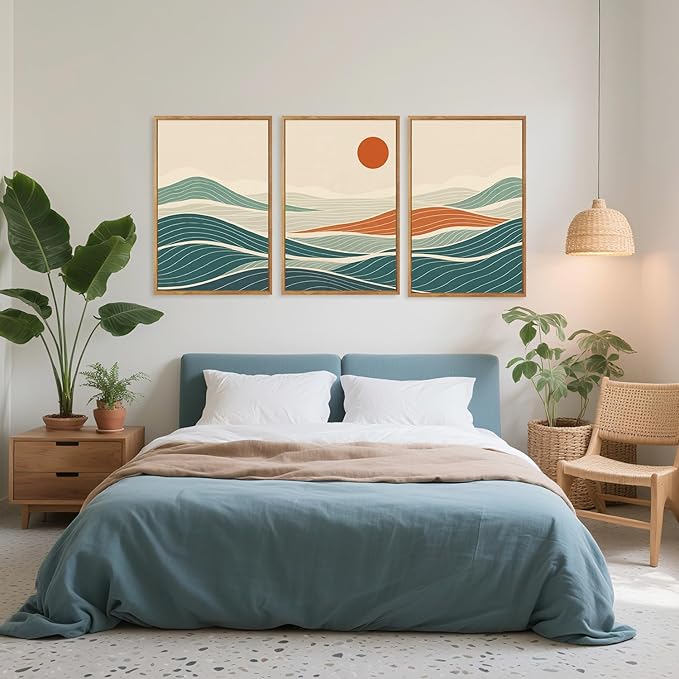 CHDITB Coastal Wave Framed Canvas Wall Art Set, Panoramic Minimalist Sea Wall Decor, Sun Ocean Waves Line Art Wall Painting, Modern Blue Art Prints for Living Room, Beach House Decor 16"x24"x3