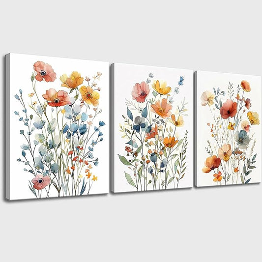Watercolor Flower Wall Art for Living Room Flower Pictures Wall Decor Orange Floral Canvas Art Colorful Wildflower Poster Prints for Bedroom Bathroom Home Decor 12"x16"x3pcs