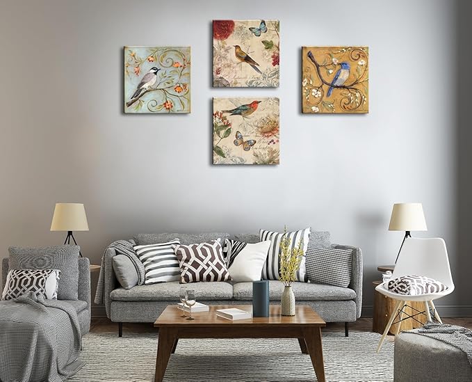 Flowers Birds Canvas Wall Art for Bedroom Floral Wall Decor Butterfly Picture Framed Artwork Vintage Prints Paintings for Bathroom Kitchen Decorations - 16" X 16"