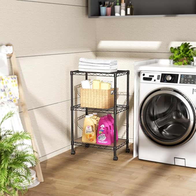 SINGAYE 3 Small Shelves Storage Shelf Wire Shelving Unit Metal Shelf Adjustable Organizers Storage Shelving with Wheels for Bathroom Laundry Room Kitchen Pantry11.5”D x 17.5”W x 30.5”H Black