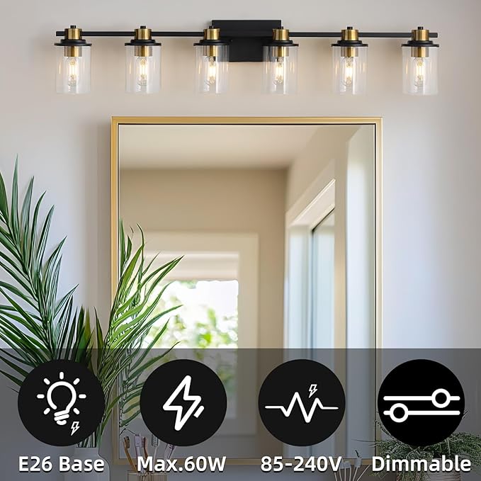 LOUSACE Bathroom Lighting Fixtures Black and Gold 6 Light Bathroom Vanity Light Over Mirror with Clear Glass Shades, Brushed Gold Socket Wall Vanity Lighting Fixtures for Bedroom Living Room