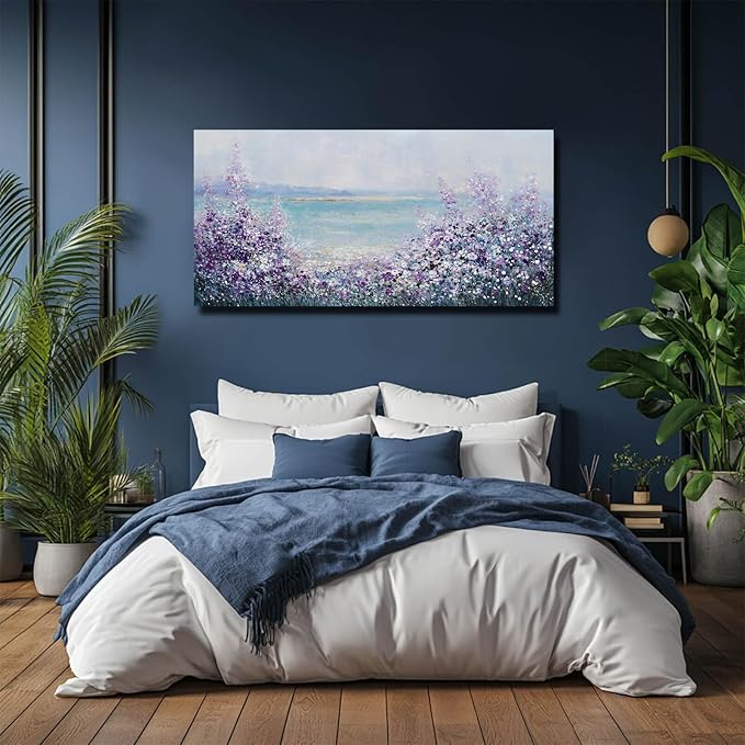 Flowers Framed Canvas Wall Decor Purple and White Painting Ocean Wall Art for Office Contemporary Art Poster for Bedroom Decor 24x48 Inch