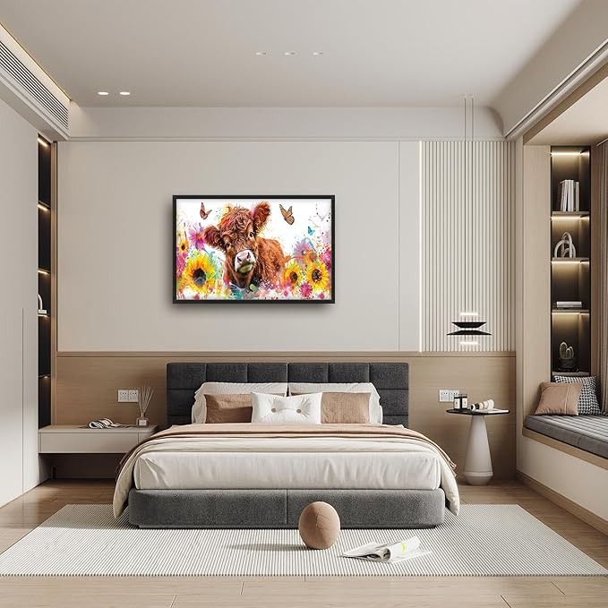 Flintis Large Highland Cow Wall Art Cow Sunflower Pictures Wall Decor Abstract Animal Canvas Painting Print Artworks Decorations Framed for Living Room Bathroom Master Bedroom Office 36L x 24W