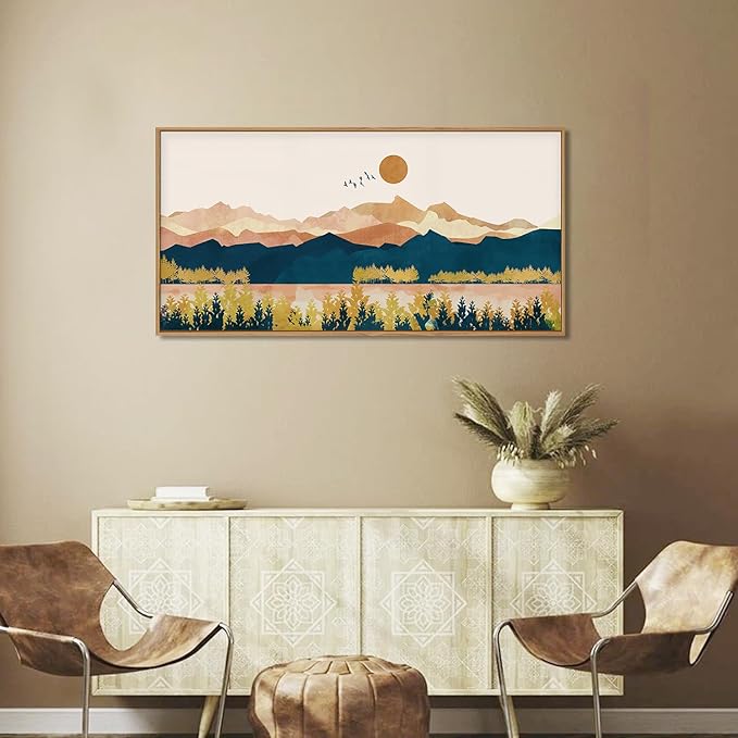 HPINUB Mountain Framed Canvas Wall Art Set, Mid Century Modern Wall Decor, Set of 3 Boho Artwork Nature Art Paintings, Bohemian Art Prints for Living Room, Bedroom, Dining Room, Office - 20"x40"