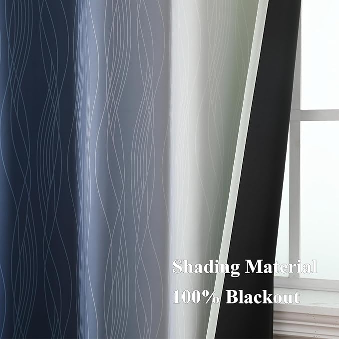 Estelar Textiler Navy Blue and Sage Green Ombre Blackout Curtains 84 Inch Length 2 Panels Set,Thermal Insulated Gradient Drapes for Bedroom,Full Room Darkening Grommet Curtains for Living Room,52Wx84L