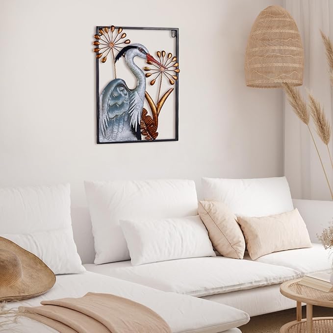 Ratuor Metal Bird Wall Art 3D Heron Wall Sculpture 16 Inch Outdoor Decor Hanging Crane Wall Decoration for Living Room Garden Bedroom Office Home Housewarming Party Vivid Color