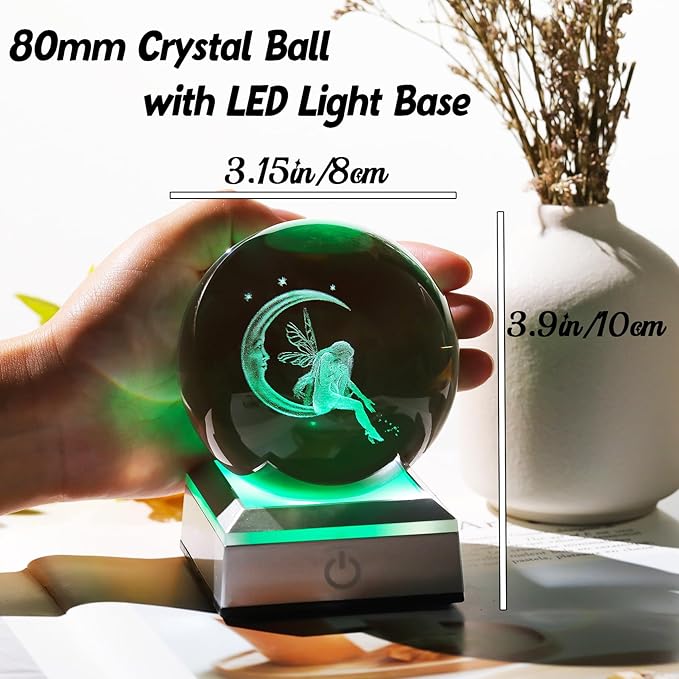 Crystal Ball 3D Engraved Fairy & Moon Gifts for Daughter Wife Glass Sphere with LED Colorful Base 3.15‘’ Gifts Ideas on Birthday Christmas for Women Fairy Lover Home Decor Figurine