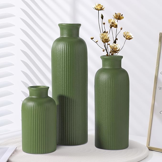Small Sage Green Ceramic Vase Set of 3, Boho Modern Flower Vase Room Decor, Farmhouse Decor, Vases for Your Kitchen, Bathroom, Bedroom, Living Room, Office&Shelf Centerpiece Table Decorations