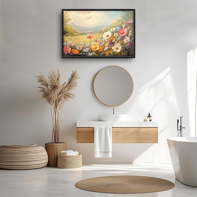 Wildflower Framed Wall Art for Living Room, Large Gesang Flower Canvas Wall Decor, Wildflower Pictures Painting, Modern Landscape Artwork for Bathroom Bedroom 36L'' × 24W''