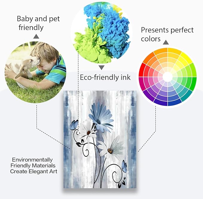 Blue Flowers Canvas Wall Art Bathroom Wall Decor, Blue and White Daisy Flower and Butterfly Canvas Wall Art Framed Artwork Ready to Hang for Living Room Bedroom Decor, 12x16in