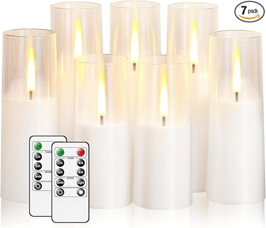 Flickering Flameless Candles 7Pcs Upgraded Realistic Dancing Flame Battery Operated Candles,LED Candles with Remote and Timers,Acrylic Electric Pillar Candles for Festivals Decor(White)