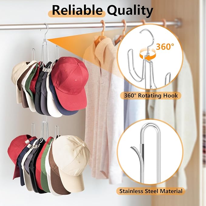 Hat Hangers for Closet, 1 Pack Stainless Steel Hat Organizer, Hat Racks for Baseball Caps, Cap Organizer for Baseball Caps, Silvery