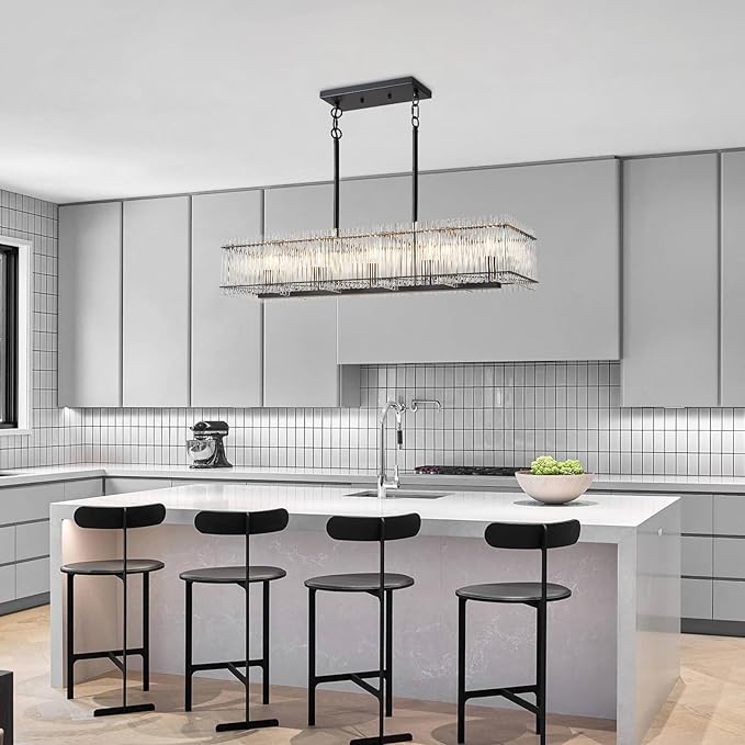 5-Light Modern Crystal Chandelier Luxury Black Dining Room Light Fixture Over Table Rectangle Farmhouse Hanging Pendant Lighting for Living Room, Kitchen Island Ceiling Lights