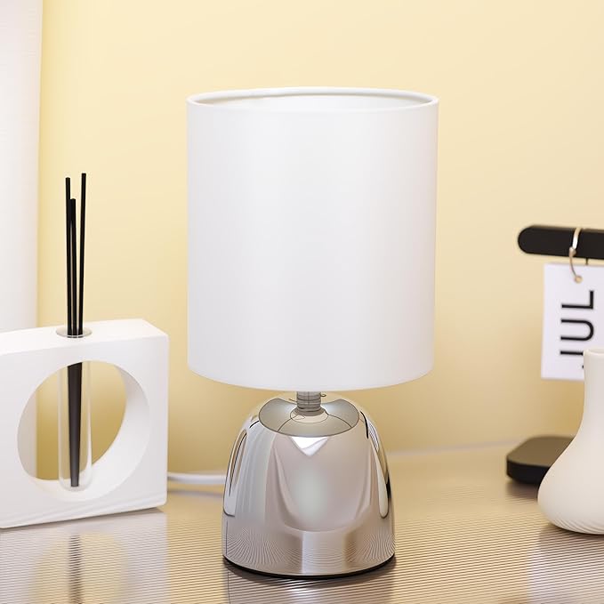 Small Modern Touch Eye Protection Bedside Table Lamp, 5.5 x 5.5 x 10 Inch Farmhouse Table Lamps, Silver Metal Base Table Lamp for Living Room Bedrooms and Office (White Fabric Lampshade)