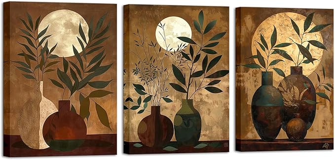 ChaudArt 3 Pieces Green Branch in Brown Vase with Moon Decor Paintings Modern Canvas Wall Art Decor Artworks Pictures for Living Room Bedroom Kitchen Decoration