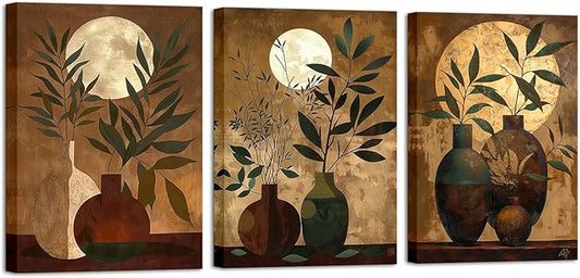 ChaudArt 3 Pieces Green Branch in Brown Vase with Moon Decor Paintings Modern Canvas Wall Art Decor Artworks Pictures for Living Room Bedroom Kitchen Decoration
