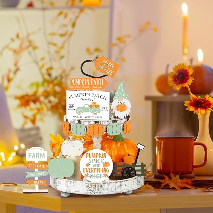 Sumind 15 Pcs Fall Tiered Tray Decor Set Fall Decorations for Home Autumn Wood Signs Thanksgiving Orange Brown Table Signs Farmhouse Wooden Maple Pumpkin Gnomes Tabletop for Festival(Gnomes)