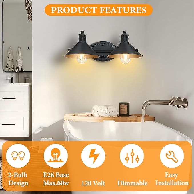 2 Light Bathroom Vanity Light Over Mirror - Black and Gold Farmhouse Wall Light for Bathroom Vanity Powder Room, Rustic Gooseneck Barn Style 2 Bulb Wall Sconce Over Kitchen Sink