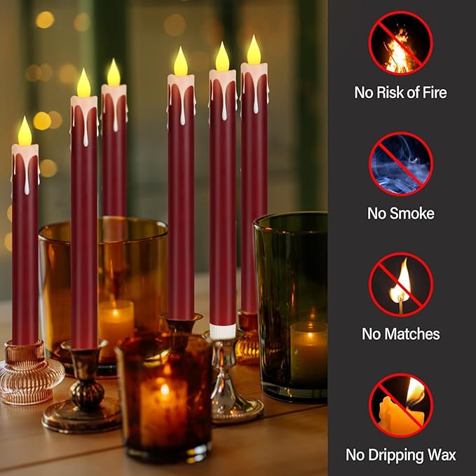 Flameless Taper Candles 10.6" Dripless Battery Operated Taper Candles Included Remote Timer 400+ Hours by 2AA Batteries for Halloween Christmas Wedding (Burgundy+White, 24 Pack)
