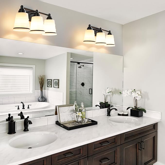 Black Bathroom Vanity Light Fixture,3 Light Bathroom Light Fixtures Over Mirror with Milky White Glass and Metal Base Wall Sconce,21.3 inch Modern Vanity Light for Bathroom (Exclude E26 Bulb)