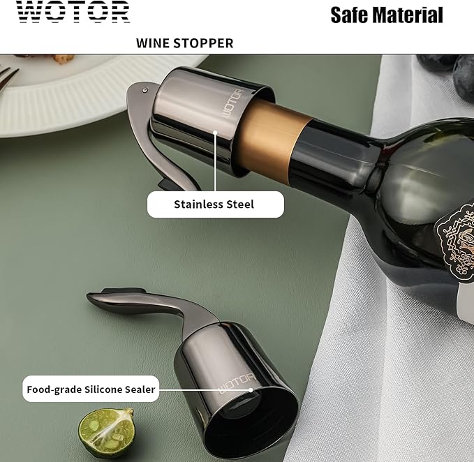 Stainless Steel Wine Bottle Stoppers with Silicone - Reusable Wine Saver and Decorative Bottle Sealer, Leakproof, Keep Fresh, Metalblack, 2 Pack