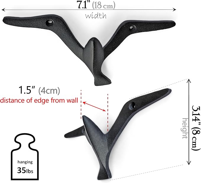 Ambipolar Iron Cast Decorative Gull Bird Wall Mounted Coat Hooks, Black, Set of 3