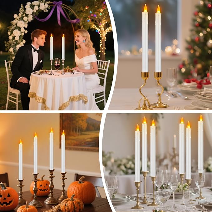10" Flameless Taper Candles with Remote, 6 Pcs White Electric Led candlesticks, PlasticTall Taper Candles Battery Operated with Flickering Flame for Halloween Christmas Wedding Home Décor
